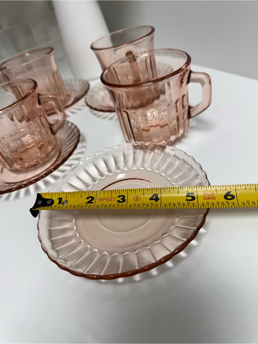 Vtg Forte Crisa Cup & Saucer Radiance Pink Glass Ribbed Set Of 4 Elegance EUC - Picture 7 of 7
